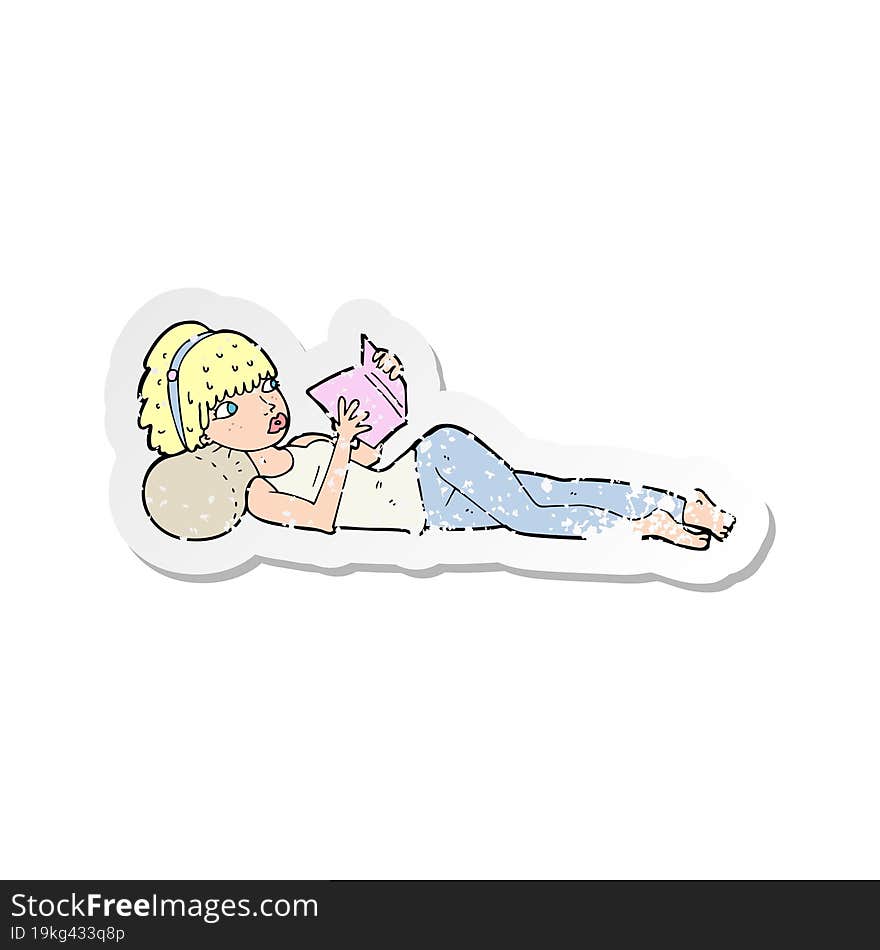 retro distressed sticker of a cartoon pretty woman reading book