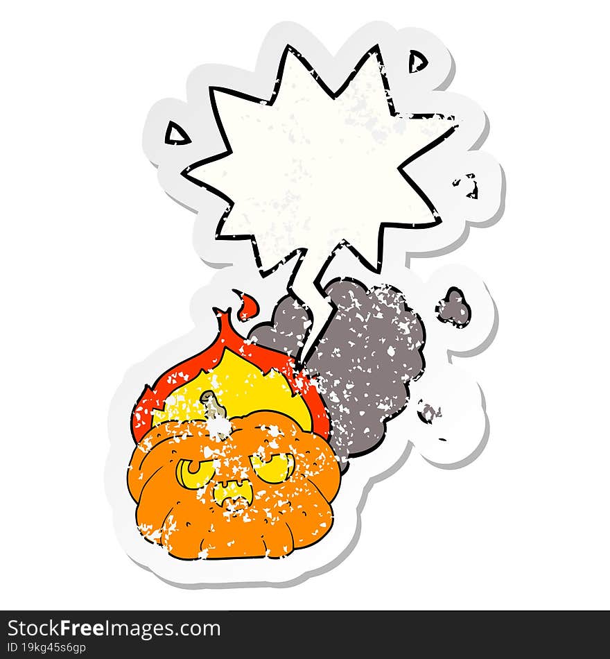 cartoon flaming halloween pumpkin with speech bubble distressed distressed old sticker. cartoon flaming halloween pumpkin with speech bubble distressed distressed old sticker