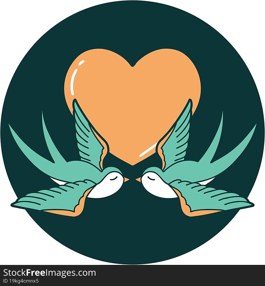 iconic tattoo style image of swallows and a heart. iconic tattoo style image of swallows and a heart