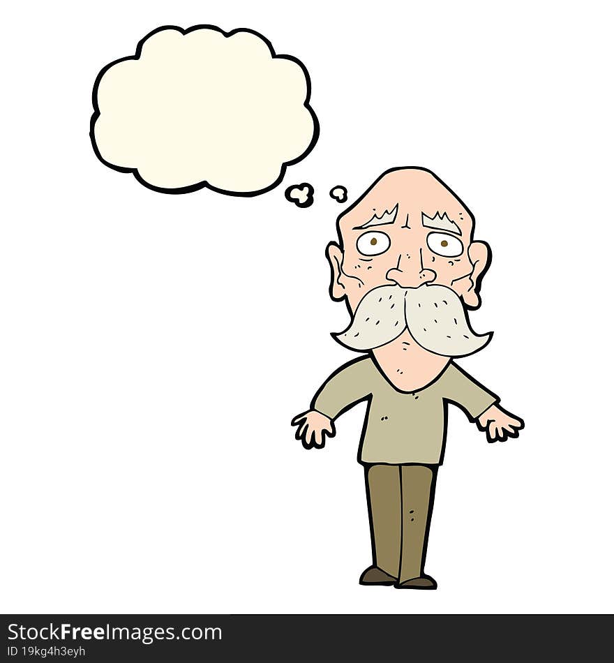 cartoon sad old man with thought bubble