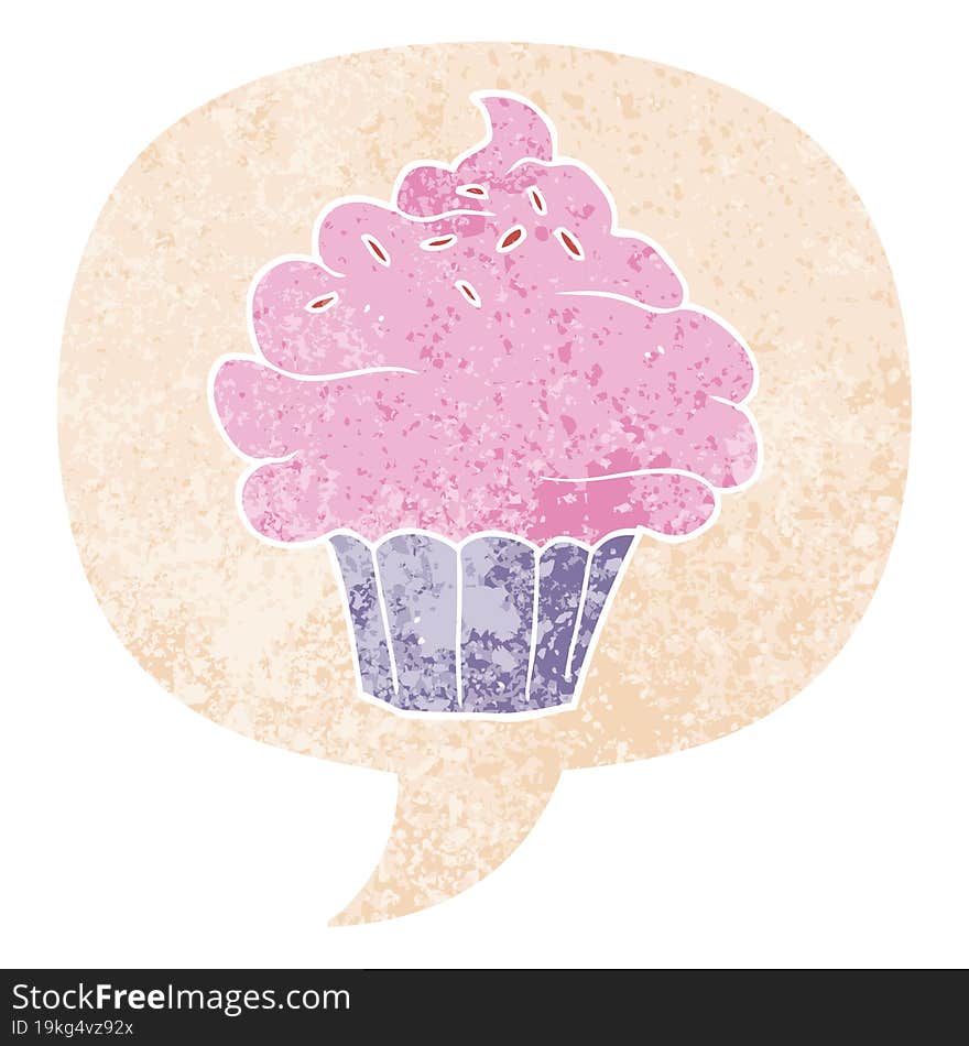 cartoon cupcake and speech bubble in retro textured style