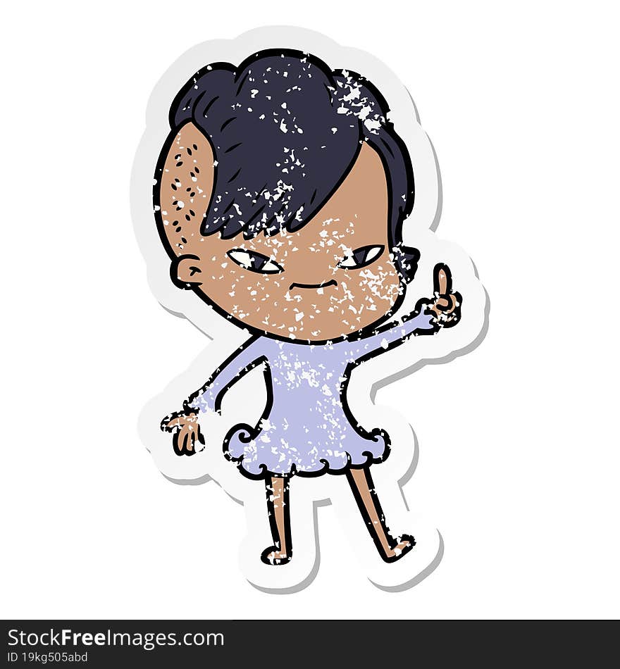 distressed sticker of a cute cartoon girl with hipster haircut