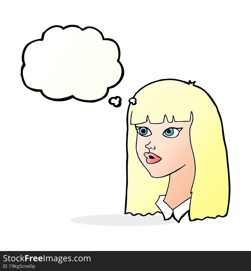 cartoon pretty girl with long hair with thought bubble