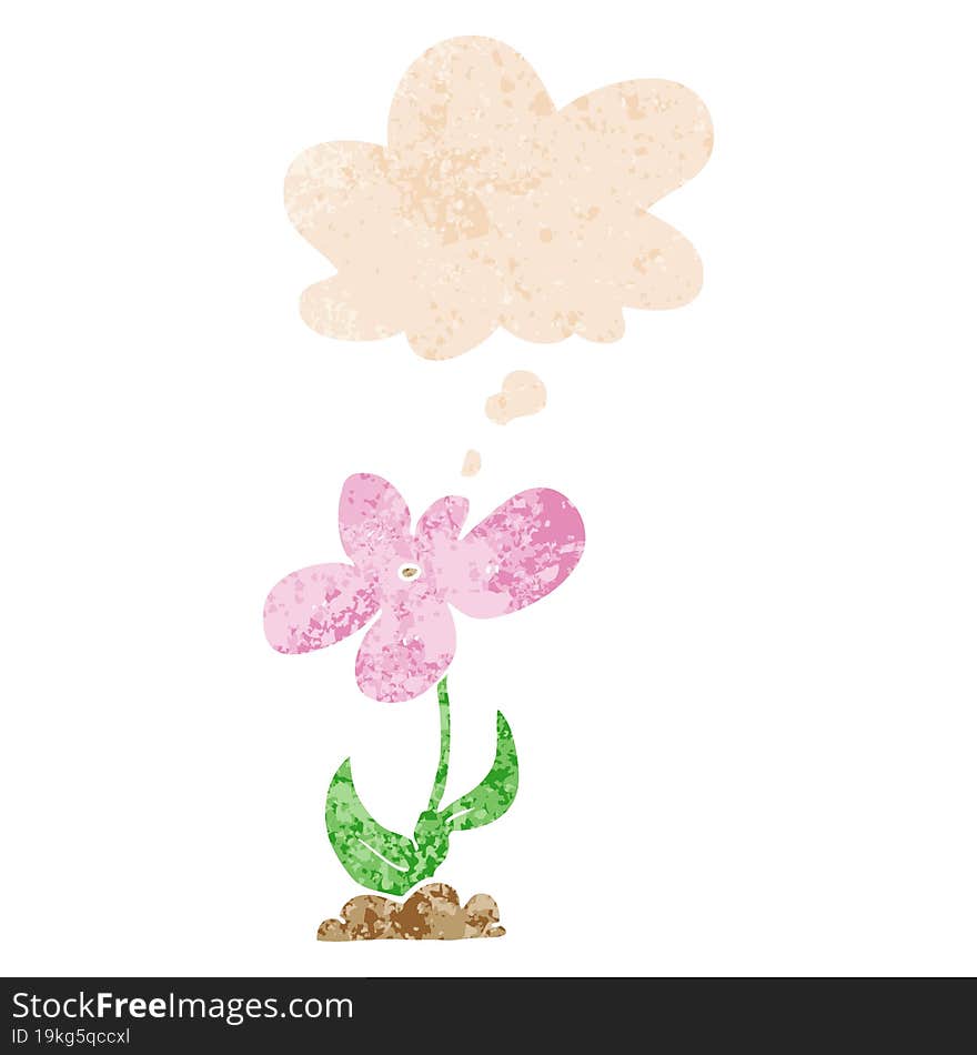 cartoon flower and thought bubble in retro textured style