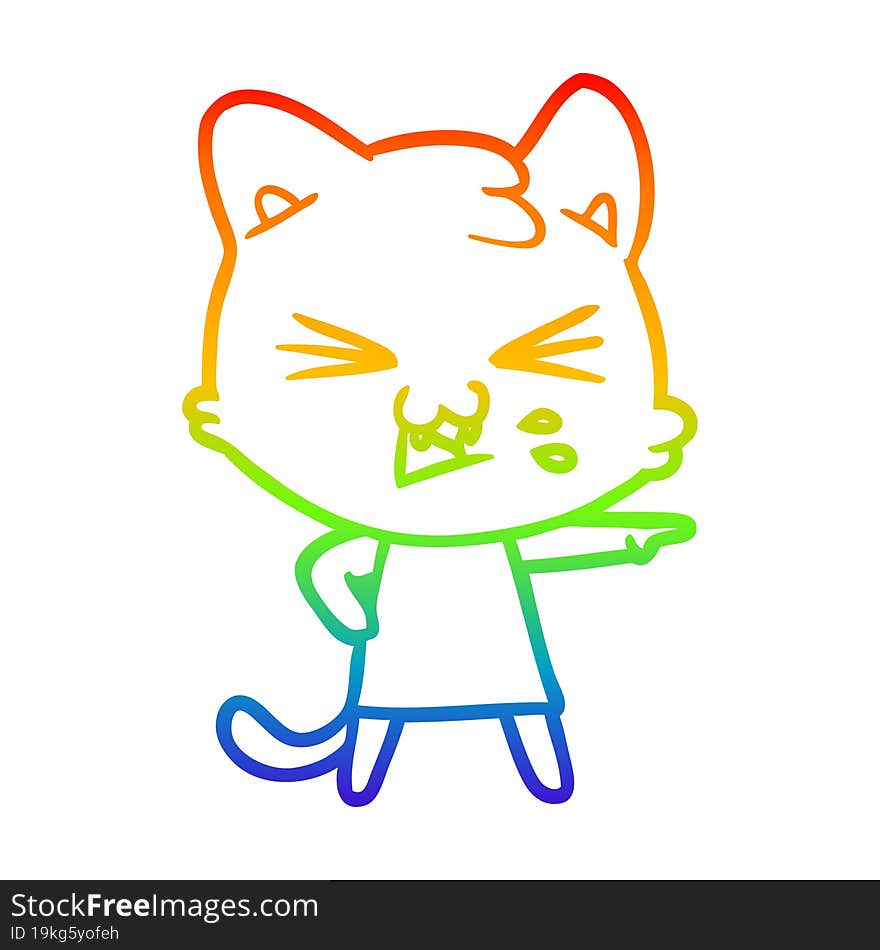 rainbow gradient line drawing of a cartoon cat hissing