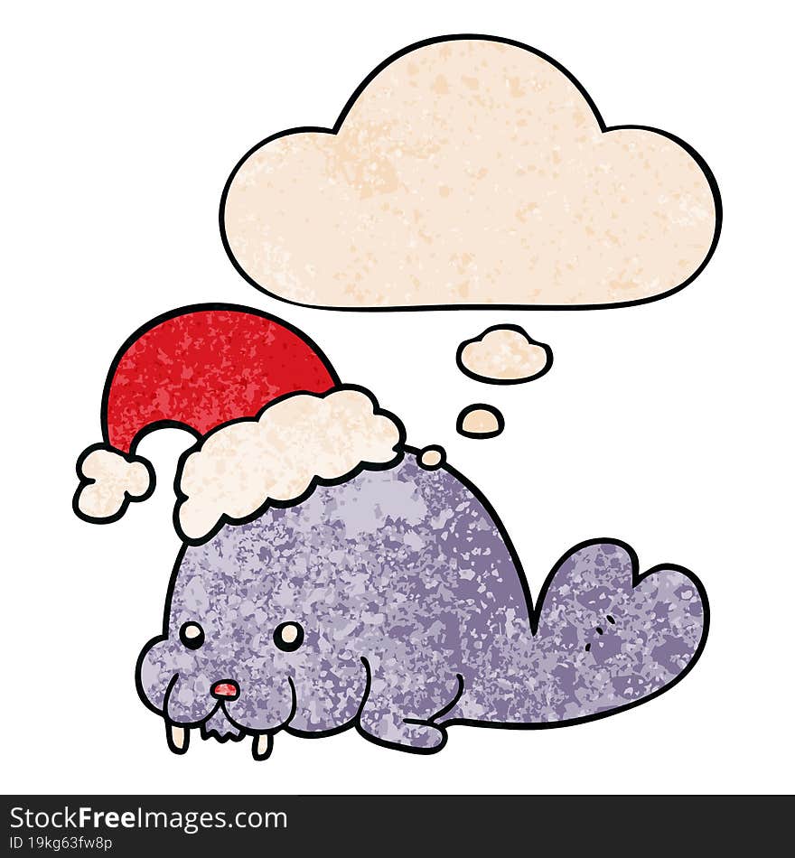 cartoon christmas walrus and thought bubble in grunge texture pattern style