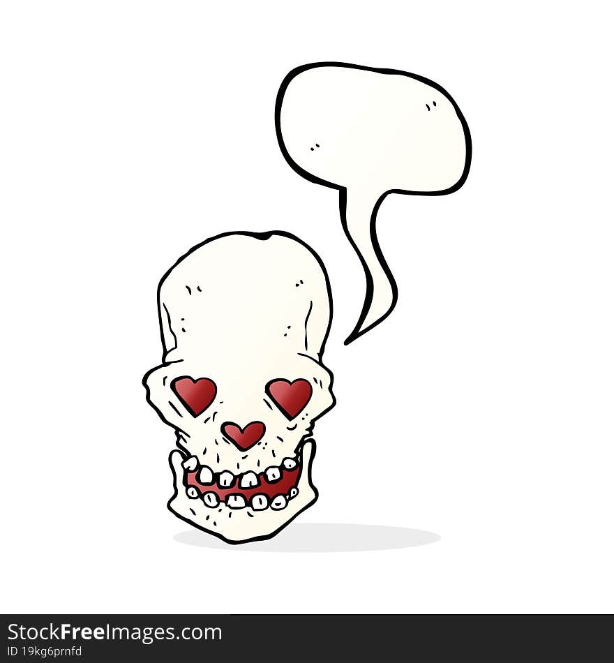 cartoon skull with love heart eyes with speech bubble