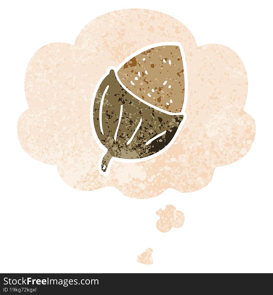 cartoon acorn and thought bubble in retro textured style