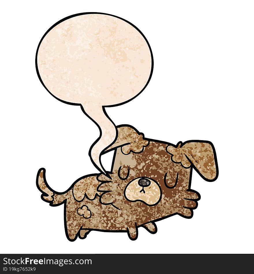 cartoon little dog and speech bubble in retro texture style