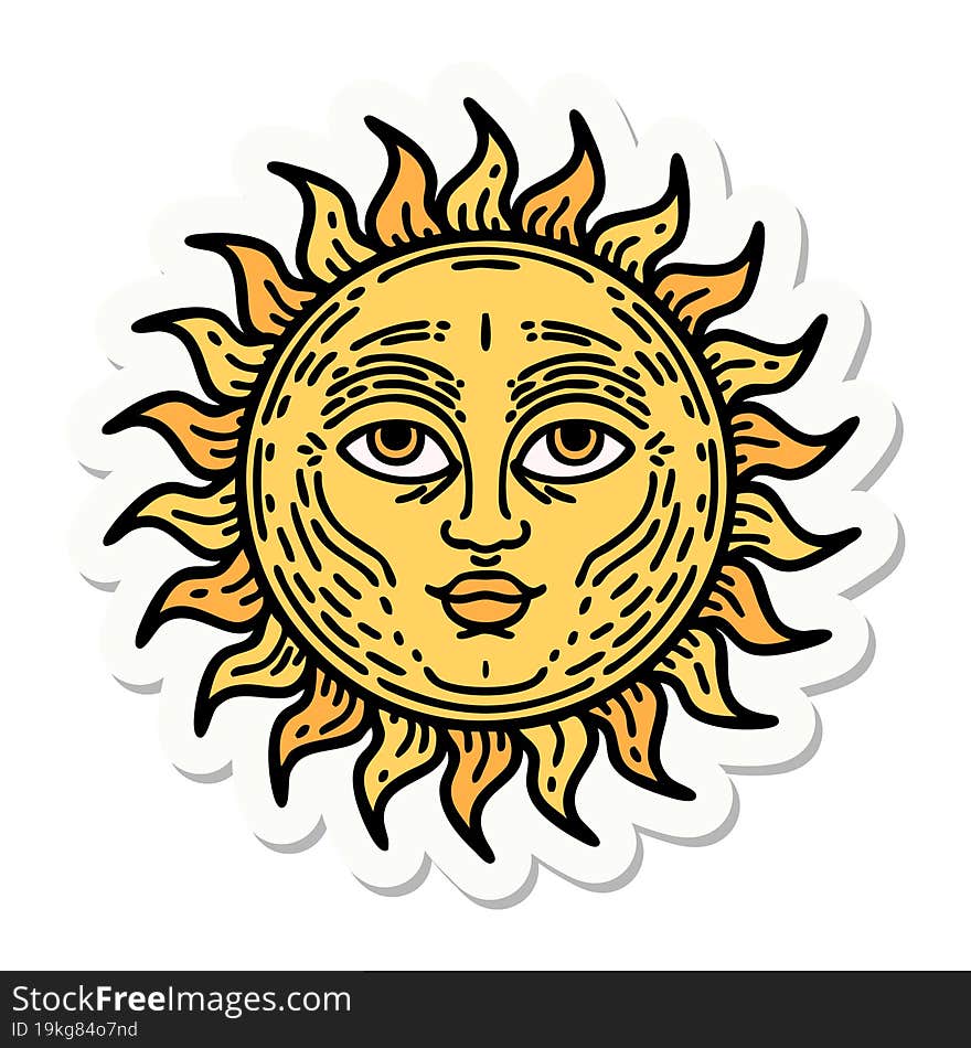 sticker of tattoo in traditional style of a sun with face. sticker of tattoo in traditional style of a sun with face