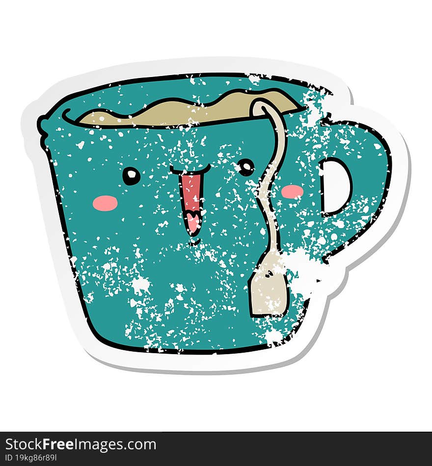 distressed sticker of a cute cartoon coffee cup