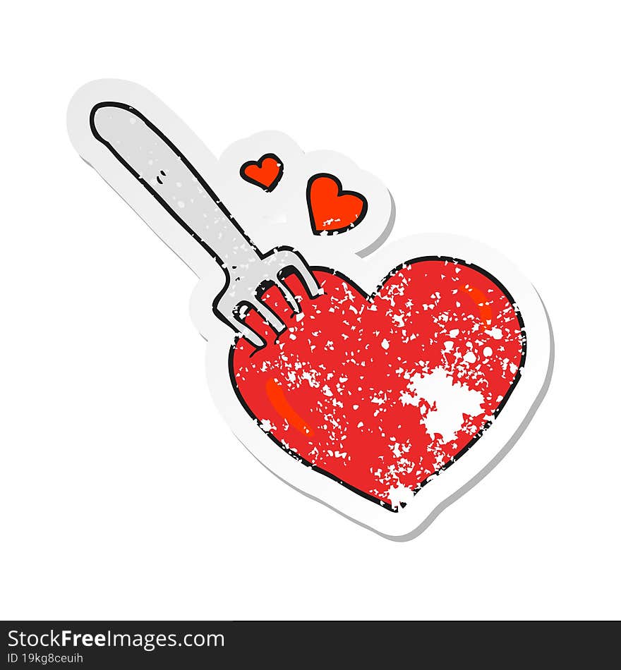 Retro Distressed Sticker Of A Cartoon Fork In Heart