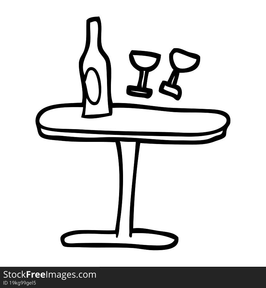 black and white cartoon table with bottle and glasses