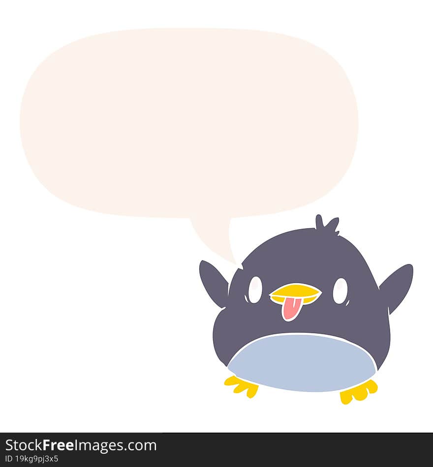 cute cartoon penguin and speech bubble in retro style