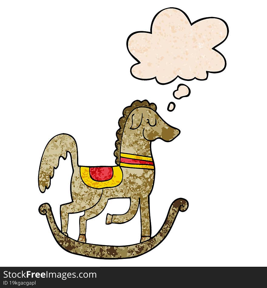 cartoon rocking horse and thought bubble in grunge texture pattern style