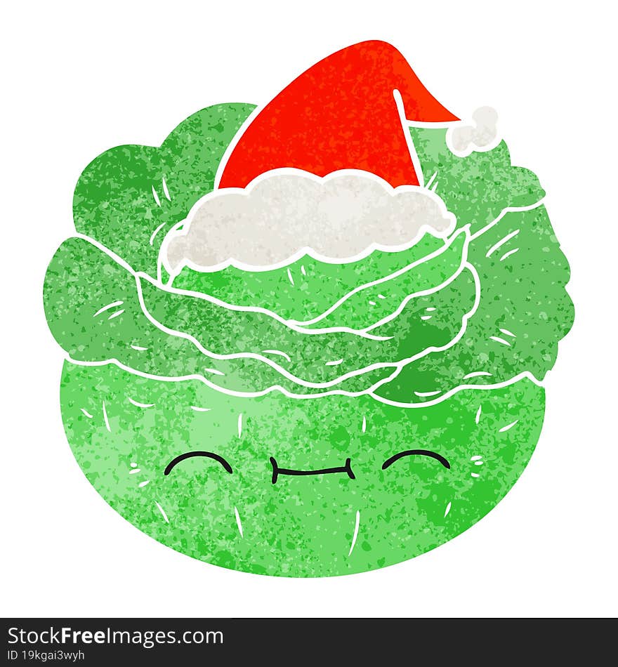 hand drawn retro cartoon of a cabbage wearing santa hat