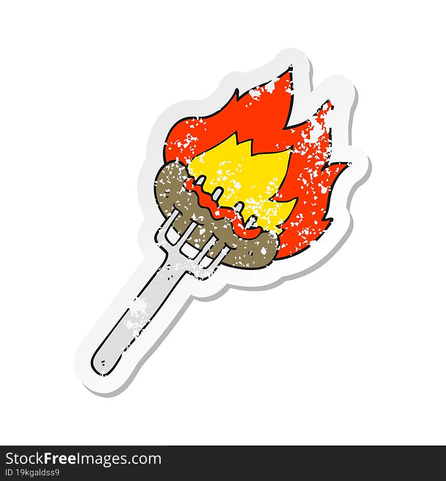 Retro Distressed Sticker Of A Cartoon Sausage On Fork