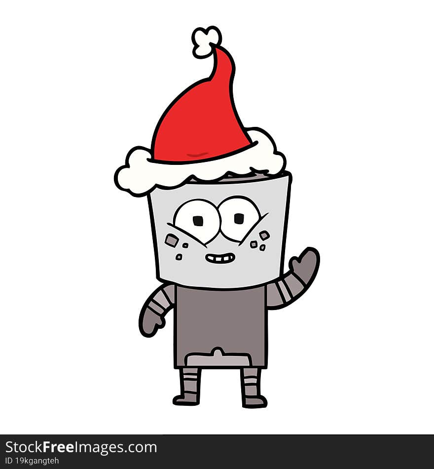 happy line drawing of a robot waving hello wearing santa hat