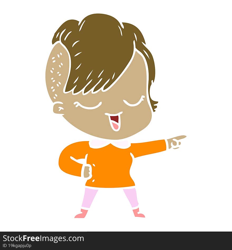 Happy Flat Color Style Cartoon Girl Pointing