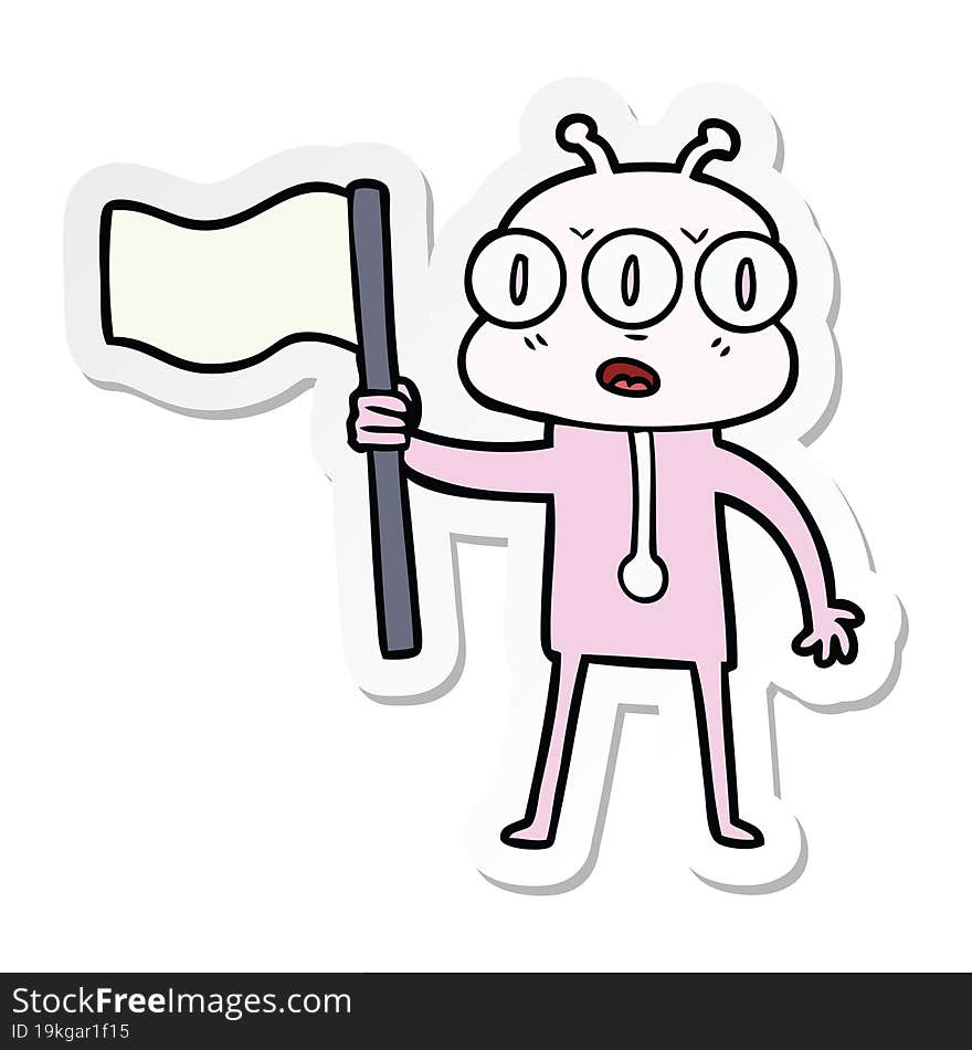 sticker of a cartoon three eyed alien waving flag