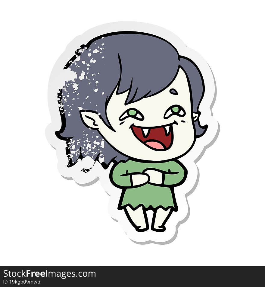 distressed sticker of a cartoon laughing vampire girl