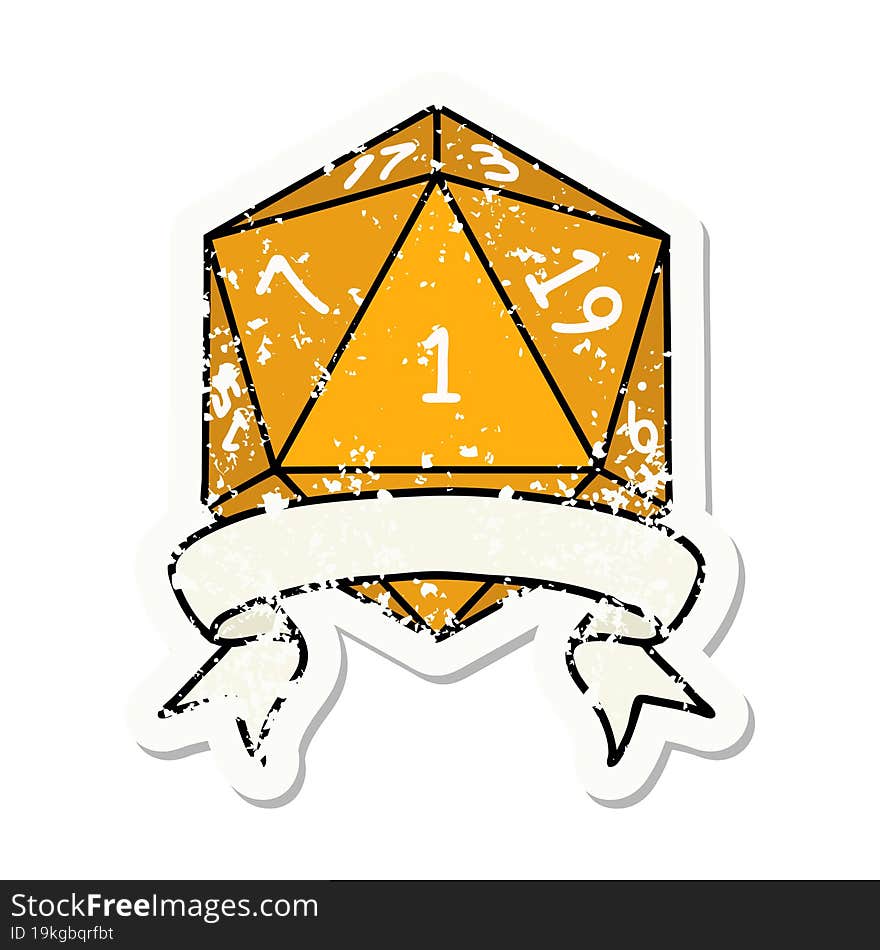 grunge sticker of a natural one d20 dice roll. grunge sticker of a natural one d20 dice roll