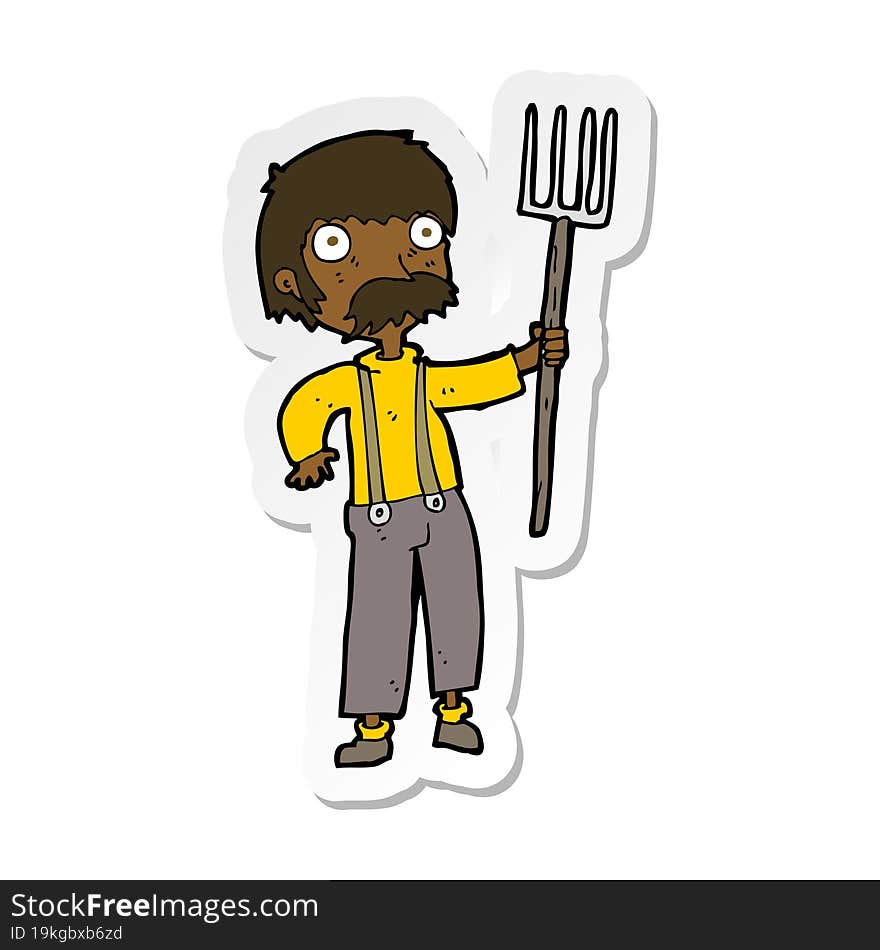 Sticker Of A Cartoon Farmer With Pitchfork