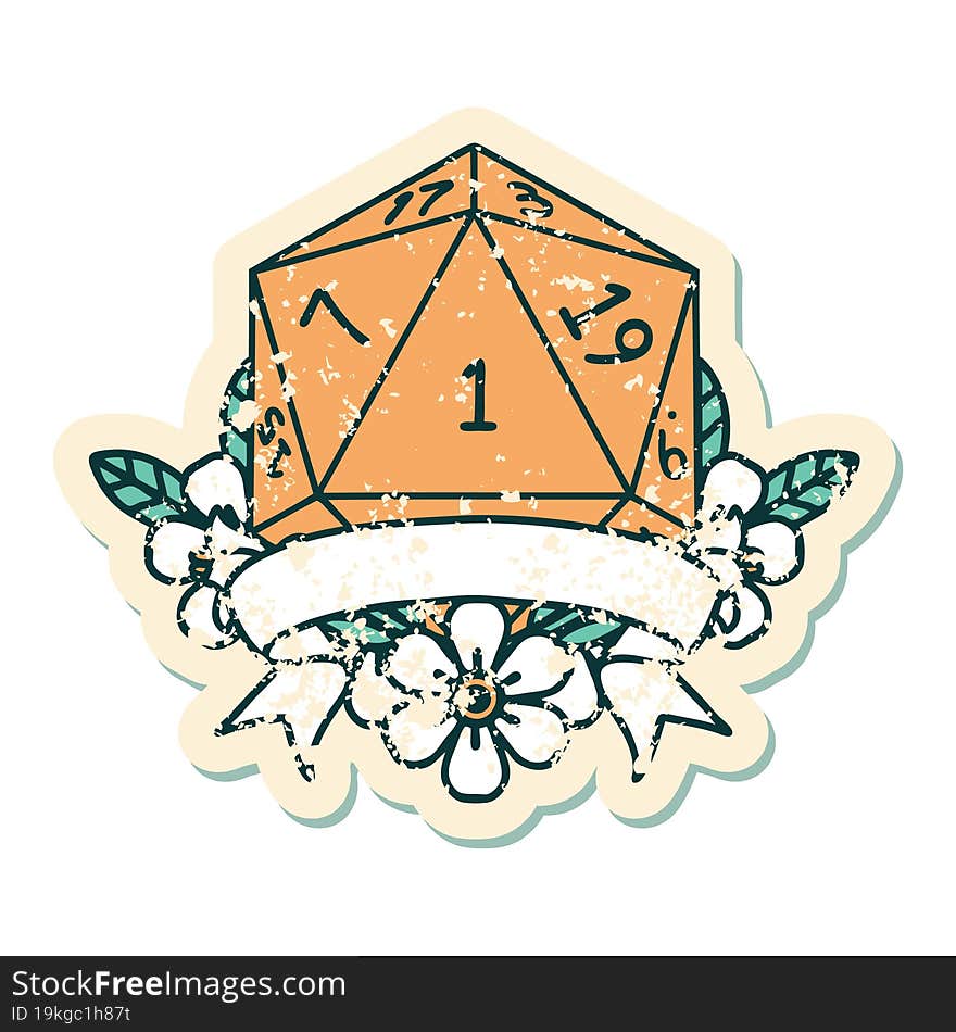 Retro Tattoo Style natural one d20 dice roll. Retro Tattoo Style natural one d20 dice roll