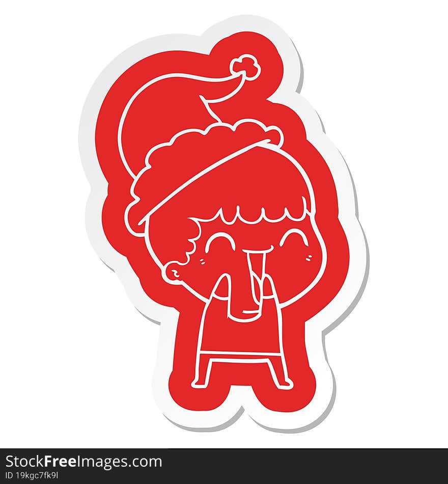 quirky cartoon  sticker of a happy man wearing santa hat