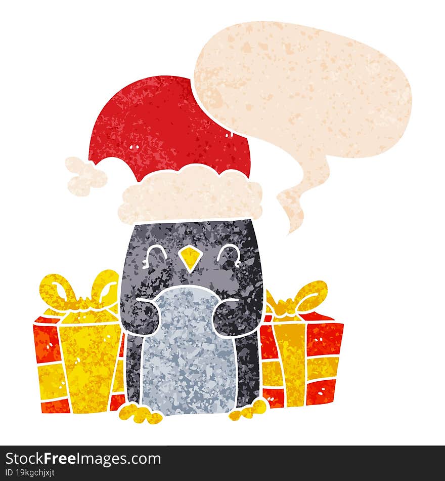 cute christmas penguin and speech bubble in retro textured style