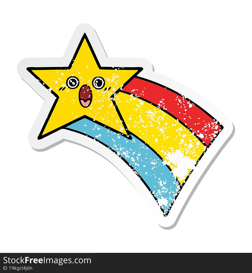 distressed sticker of a cute cartoon shooting rainbow star