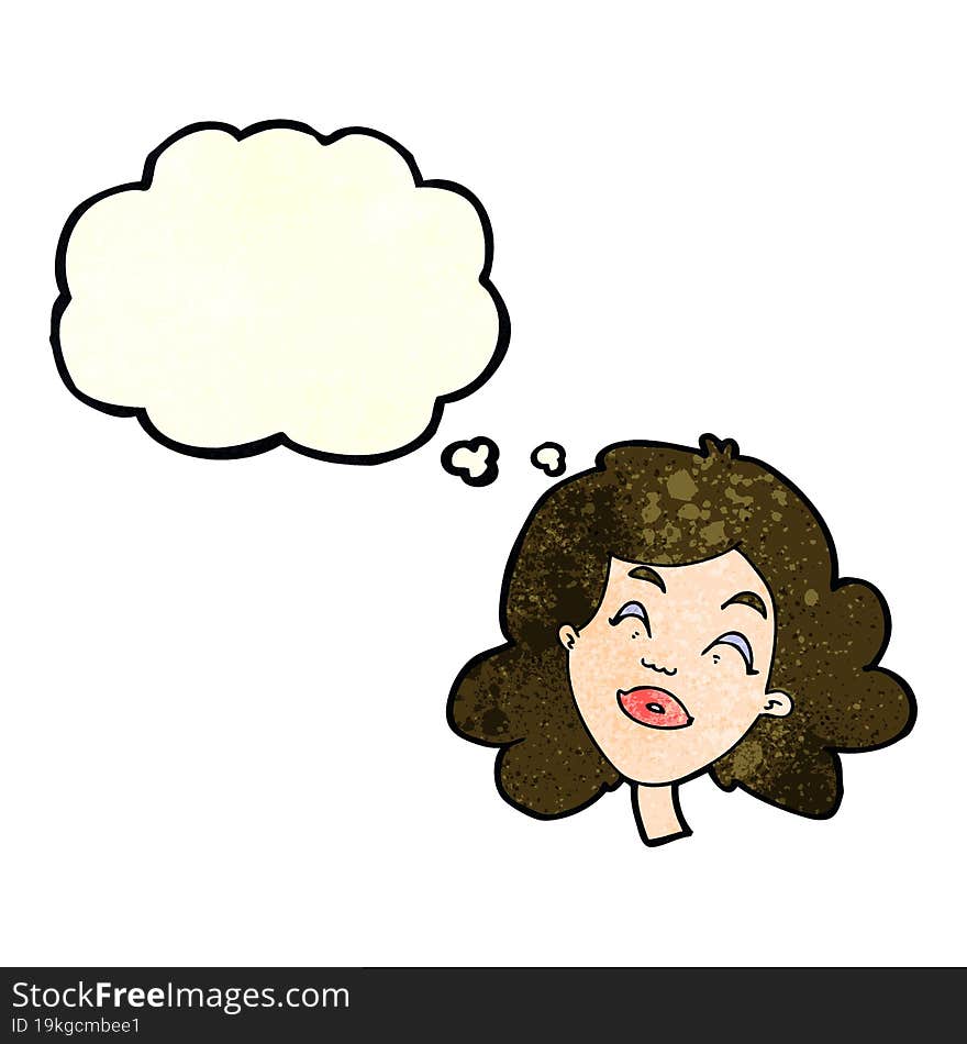 cartoon happy female face with thought bubble