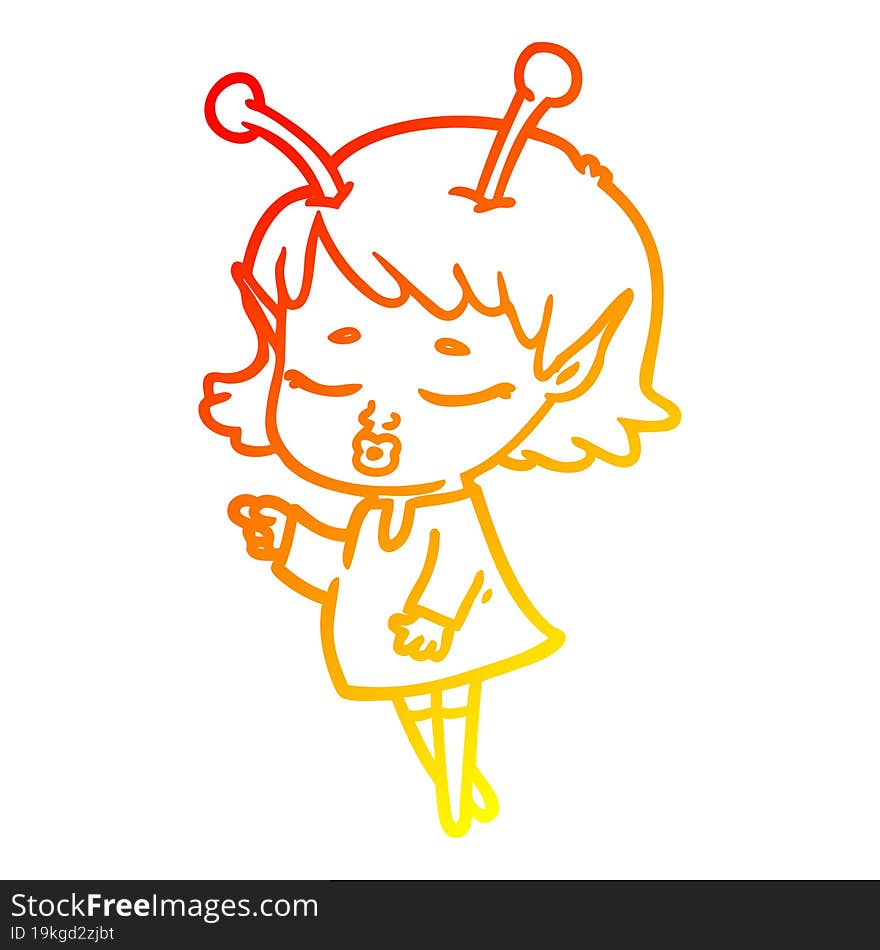 Warm Gradient Line Drawing Cute Alien Girl Cartoon