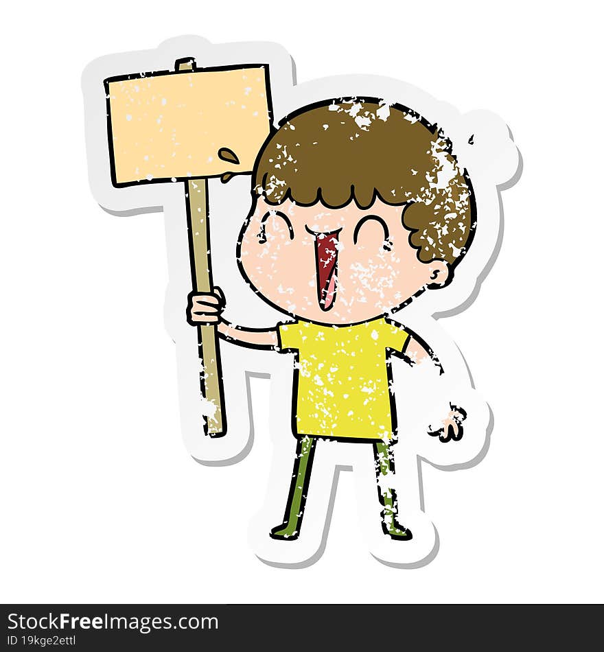 distressed sticker of a laughing cartoon man waving placard