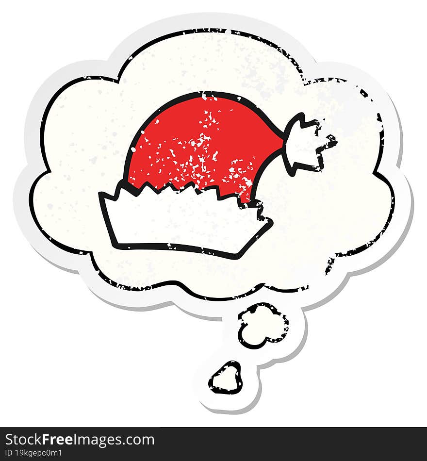 cartoon christmas hat and thought bubble as a distressed worn sticker