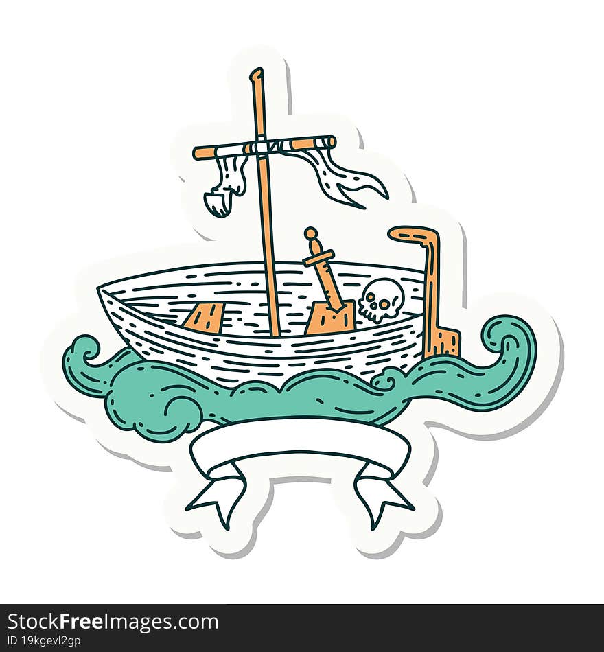 sticker of tattoo style empty boat with skull