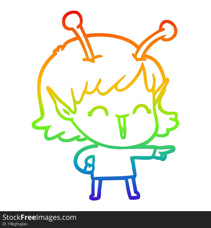 rainbow gradient line drawing of a cartoon alien girl laughing