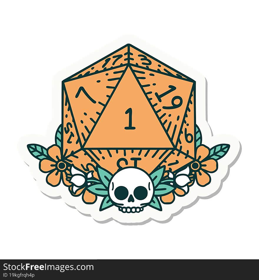 sticker of a natural one dice roll with floral elements. sticker of a natural one dice roll with floral elements