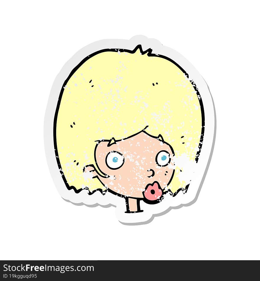 retro distressed sticker of a cartoon surprised female face