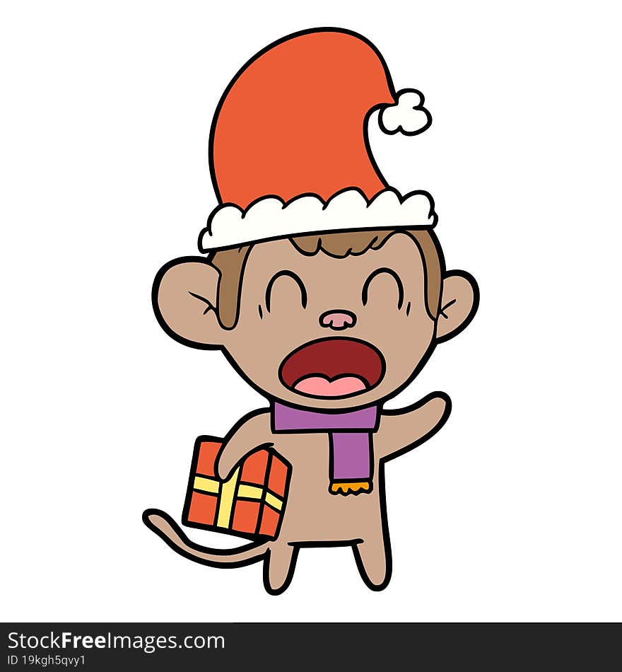 shouting cartoon monkey carrying christmas gift. shouting cartoon monkey carrying christmas gift