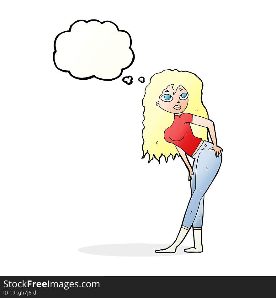 cartoon attractive woman looking surprised with thought bubble