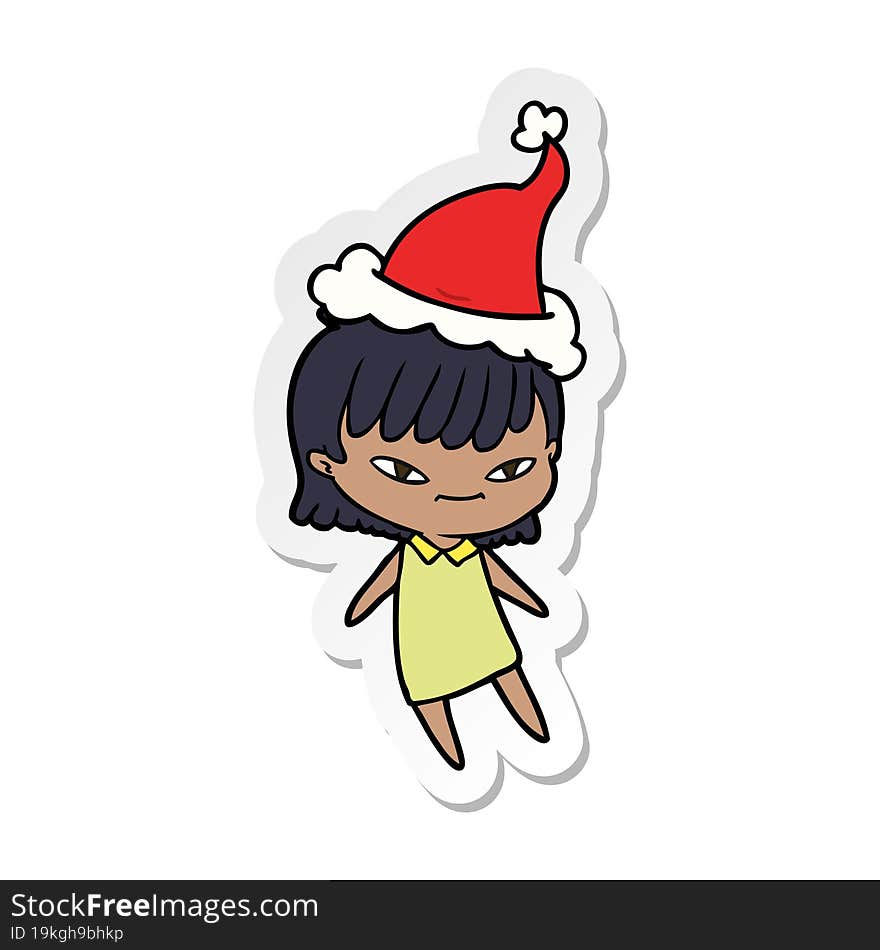 hand drawn sticker cartoon of a woman wearing santa hat