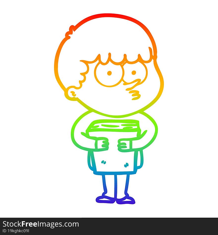 rainbow gradient line drawing cartoon curious boy holding a book