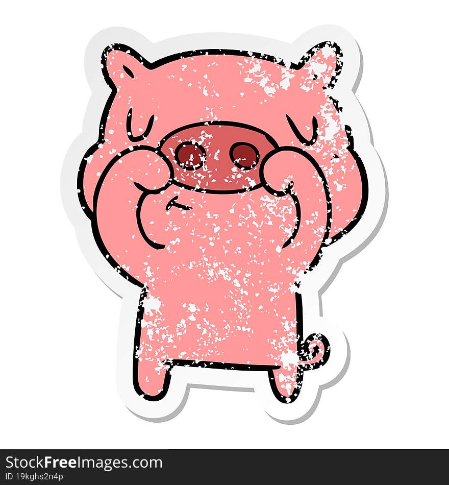 distressed sticker of a cartoon content pig