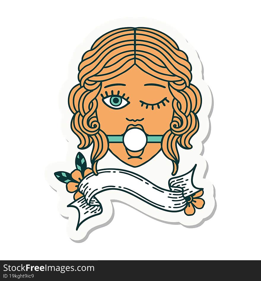 tattoo sticker with banner of winking female face with ball gag