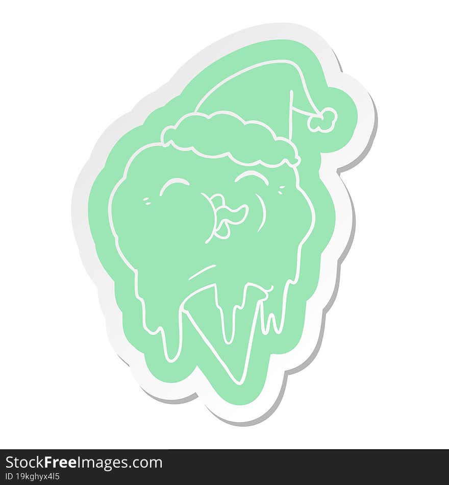 Cartoon  Sticker Of A Melting Ice Cream Wearing Santa Hat