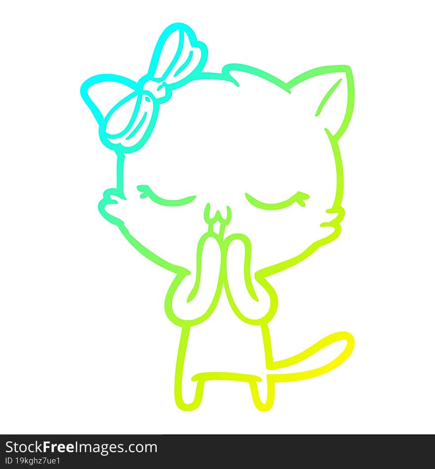 cold gradient line drawing cartoon cat with bow on head