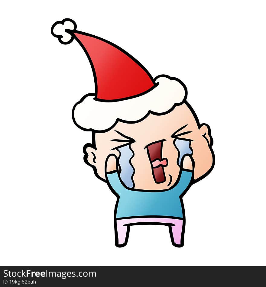 gradient cartoon of a crying bald man wearing santa hat