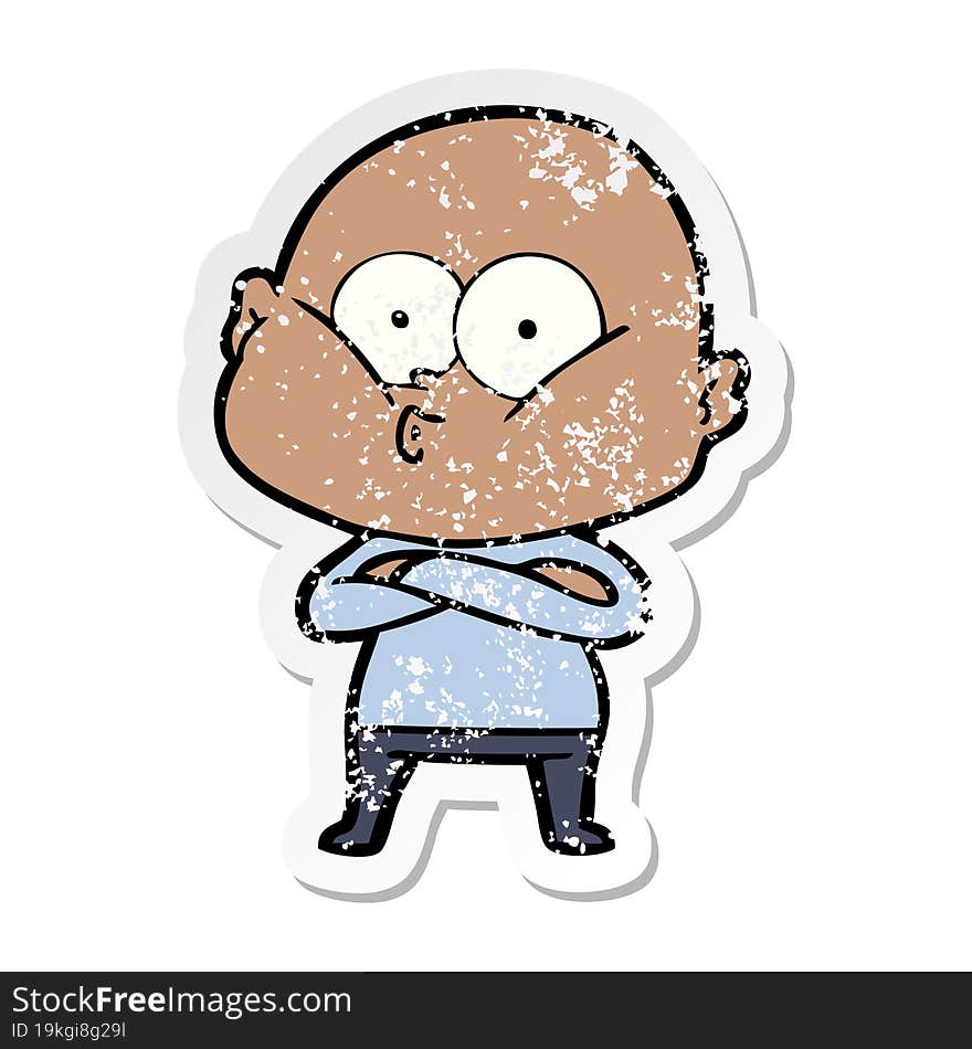 distressed sticker of a cartoon bald man staring