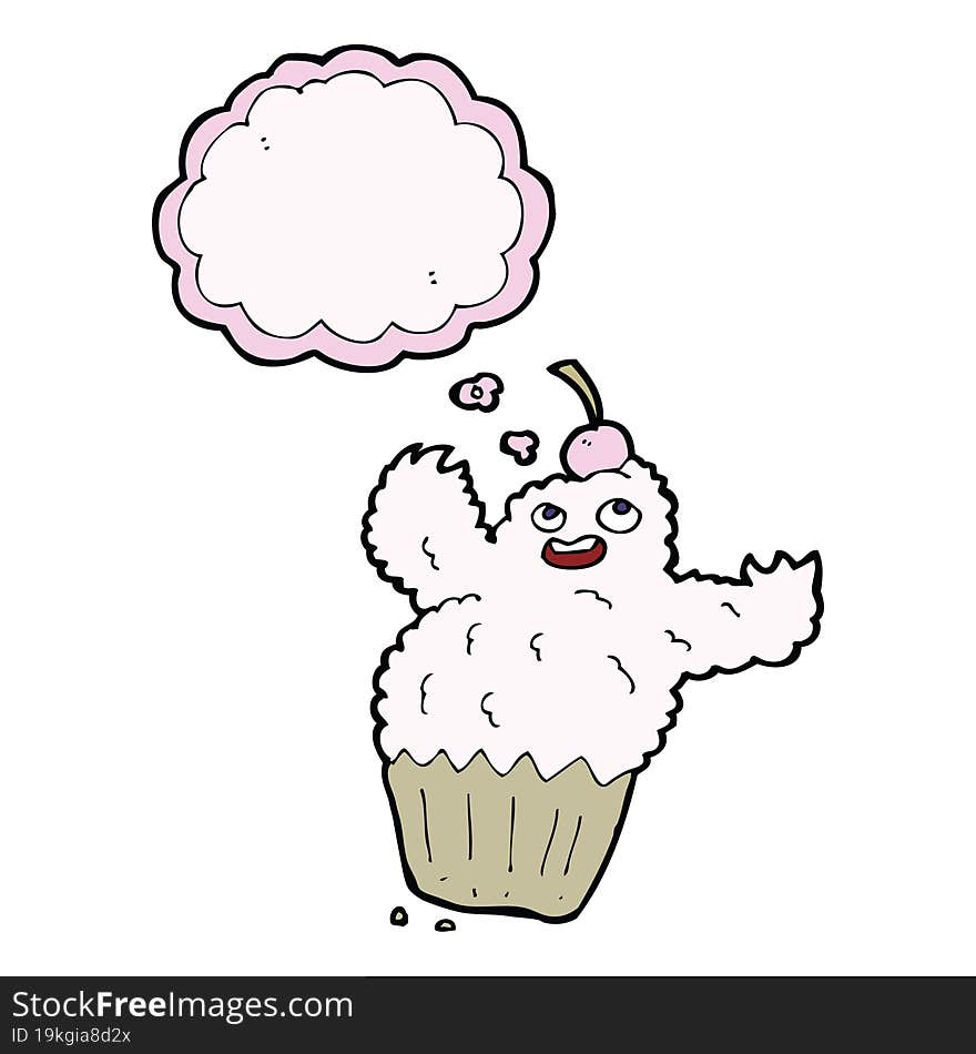 cartoon cupcake monster with thought bubble